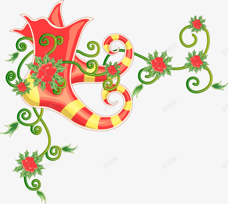 冬日红色藤蔓圣诞袜png免抠素材_88icon https://88icon.com Christmas Merry 冬日藤蔓 冬青植物 圣诞节 圣诞袜 装饰图案
