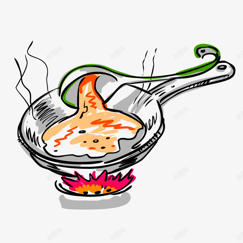 摊煎饼果子手绘图png免抠素材_88icon https://88icon.com 勺子 平底锅 摊煎饼 火焰 美味的 美食 食物