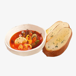 汤羹炖品罗宋汤和面包片手绘画片高清图片