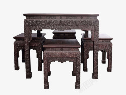 复古雕花黑酸枝方桌方椅五件套素材