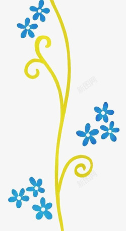 蓝色五瓣花与黄色藤蔓素材
