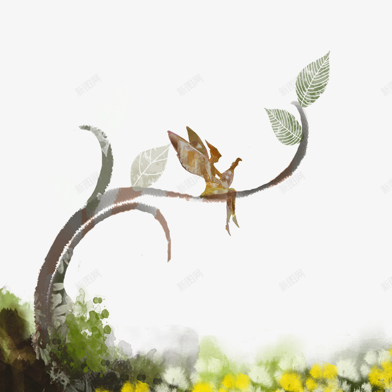 水彩花藤天使png免抠素材_88icon https://88icon.com 天使 水彩 花藤