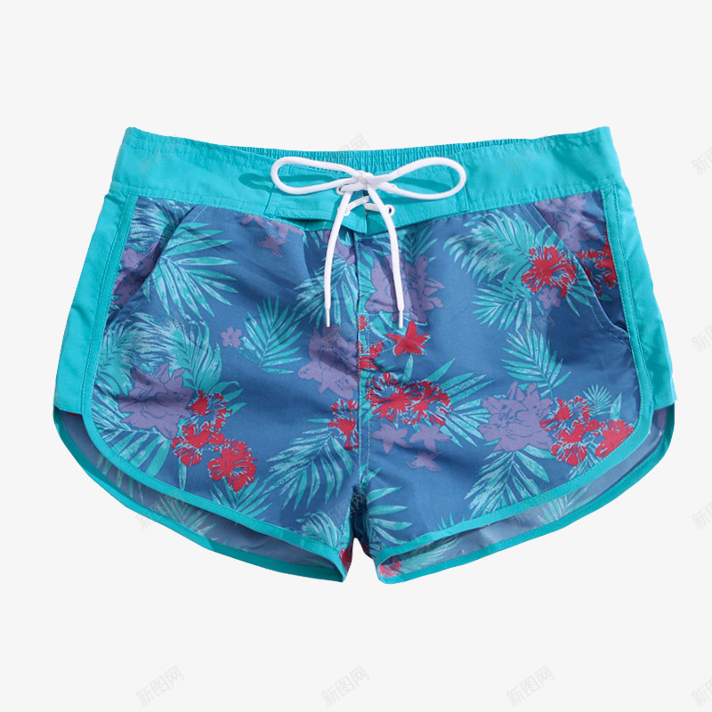湖蓝小红花沙滩裤png免抠素材_88icon https://88icon.com 产品实物 宽松速干沙滩裤 温泉裤 湖蓝小红花沙滩裤 短裤 蓝色印花五分裤
