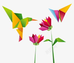 彩色立体折纸艺术装饰花鸟图案素材