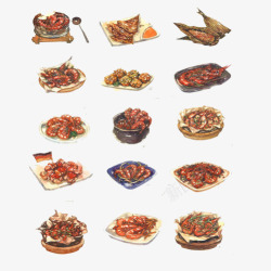 各种虾子炒菜手绘画片素材