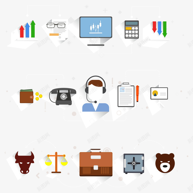 商业策略与色彩元素矢量图eps免抠素材_88icon https://88icon.com 人脉 公文包 天平 天平砝码 客服 水平称 熊 电脑 电话 矢量图 计算器