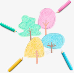 创意可爱彩铅笔刷小树矢量图素材