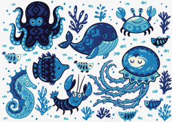 蓝色海洋生物背景图案素材