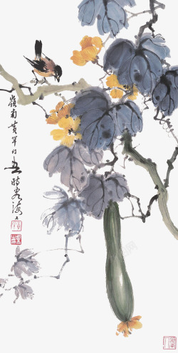 中国画瓜藤上的鸟素材