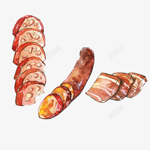 肉食香肠手绘画片png免抠素材_88icon https://88icon.com 手绘美食 火腿肉 色彩画 藕片塞肉 香肠