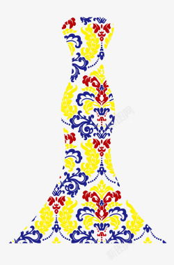 中国风黄色藤蔓装饰旗袍矢量图素材