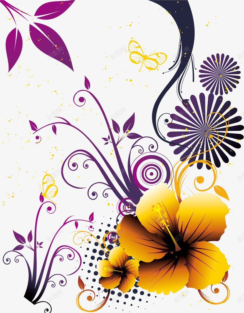 花朵花藤底纹png免抠素材_88icon https://88icon.com 婚庆素材 海报设计 紫色花藤 黄色花朵