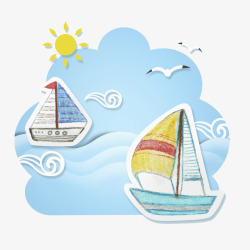 海浪和帆船卡通插画素材