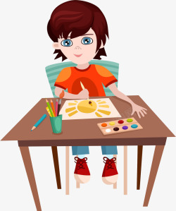 坐在桌子上画画的男孩素材