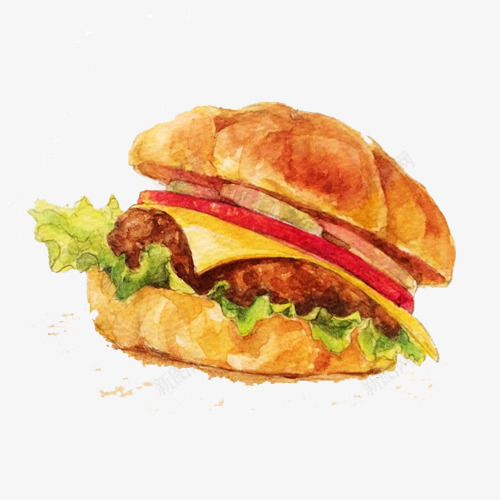 黄油汉堡包手绘画片png免抠素材_88icon https://88icon.com 手绘美食 水彩画 汉堡 火腿肉 芝士