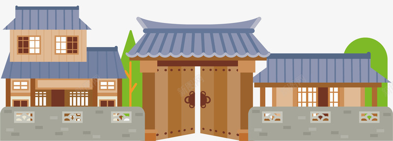 建筑房屋png免抠素材_88icon https://88icon.com 印花 建筑房屋 手绘 木门 树木 灰色屋顶 窗户