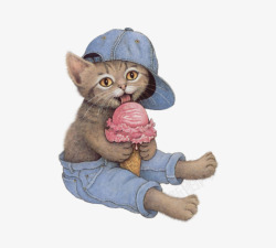 手绘吃冰激凌的猫咪素材