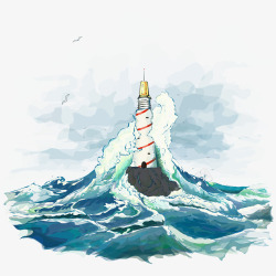手绘水塔海洋和灯塔高清图片
