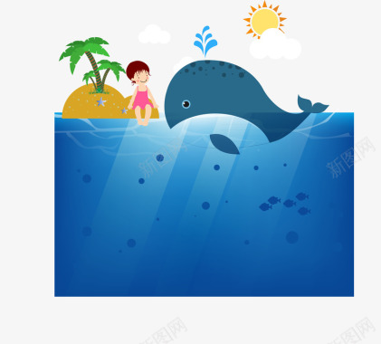 海洋鲸鱼岛图标大小女孩岛矢量图图标