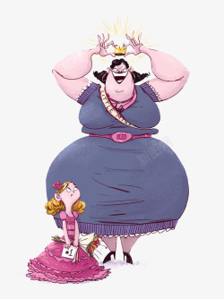 胖女人插画戴皇冠的胖女人和小女孩高清图片