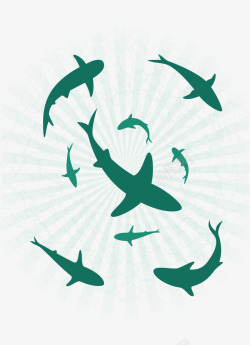 绿色扁平大海鲨鱼群素材