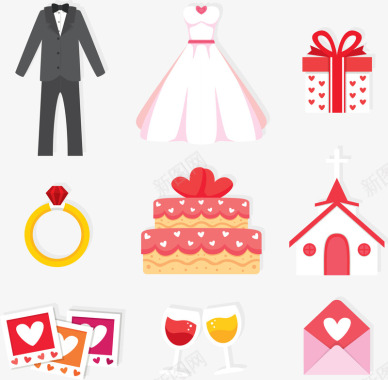 结婚素材9款精致婚礼图标矢量图图标