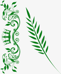 手绘绿色花纹皇冠树叶素材