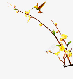 飞翔花瓣素材树枝和小鸟水彩图高清图片