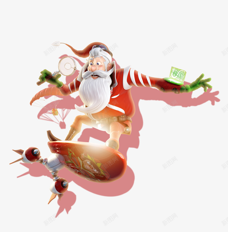 卡通圣诞老人滑滑板png免抠素材_88icon https://88icon.com 卡通圣诞老人滑滑板 发光的滑板 火箭滑板 飞翔的圣诞老人