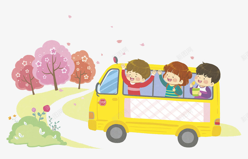 孩子坐车去郊外png免抠素材_88icon https://88icon.com 卡通 女孩 开心 手绘 树木 男孩 道路 郊外 黄色的小车