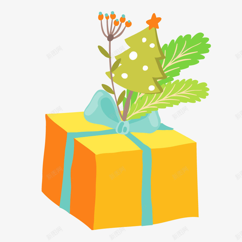 卡通包装礼物盒png免抠素材_88icon https://88icon.com 包装 卡通 彩带 橙色 礼物盒 绿树 蓝色 蝴蝶结