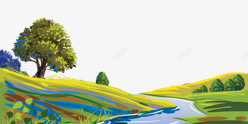 卡通风景图png免抠素材_88icon https://88icon.com 图案 小河 山坡 树木 河水 绿色的 草地 风景