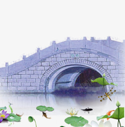 春季手绘石桥与荷塘装饰素材