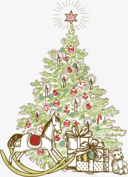 手绘圣诞松树彩球星星素材