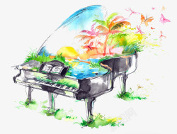 彩绘创意钢琴蝴蝶插画素材