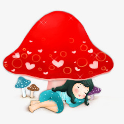 卡通蘑菇下睡觉的小女孩素材