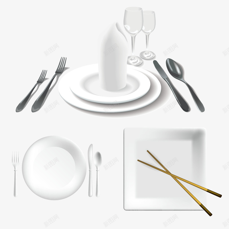 白色陶瓷餐具矢量图ai免抠素材_88icon https://88icon.com 生活用品 盘子 筷子 酒杯 餐具 矢量图