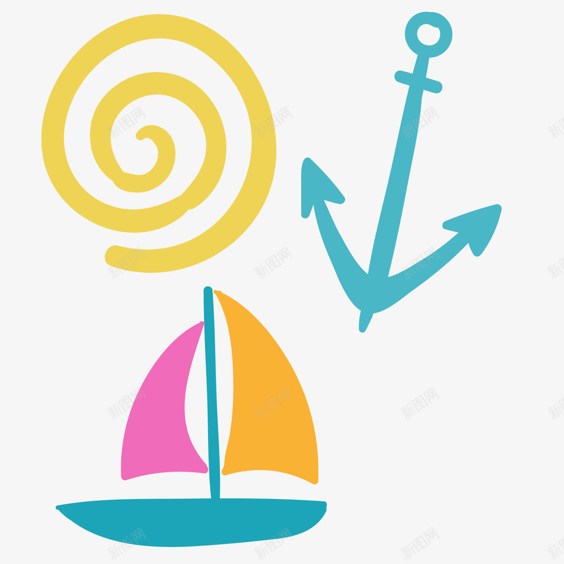 海边沙滩元素png免抠素材_88icon https://88icon.com 卡通帆船 橙色海螺 绿色船锚