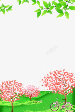 春季手绘小树与草地装饰边框素材