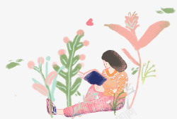 坐在花丛中看书的女孩素材