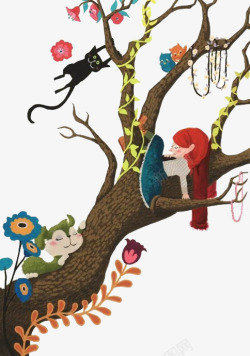 树木上的女孩和小动物素材