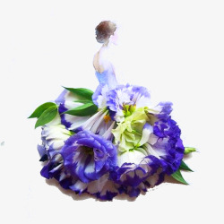 蓝色裙子花朵绘画素材