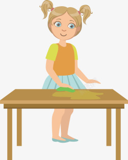 一个有趣的动作一个正在擦桌子的女孩矢量图高清图片