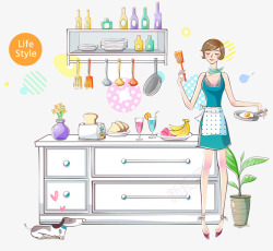 休闲生活方式少女休闲厨房插画高清图片