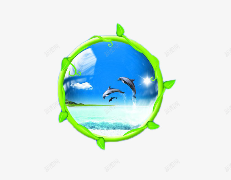 镜框中的海豚png免抠素材_88icon https://88icon.com 动物 圆框 海洋 绿色 蓝色 鱼