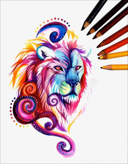 彩绘狮子头狮子头彩色铅笔绘画艺术高清图片