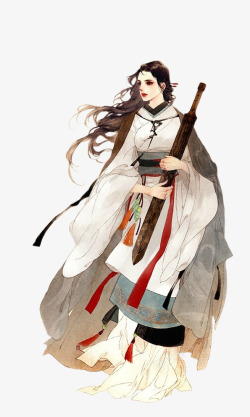 彩绘抱着剑的女子素材