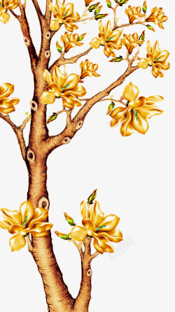 创意手绘合成金色质感掉的树木花朵素材