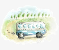 卡通手绘水彩树木公共汽车素材
