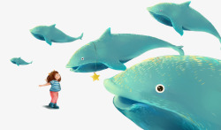 卡通小女孩蓝色海豚素材